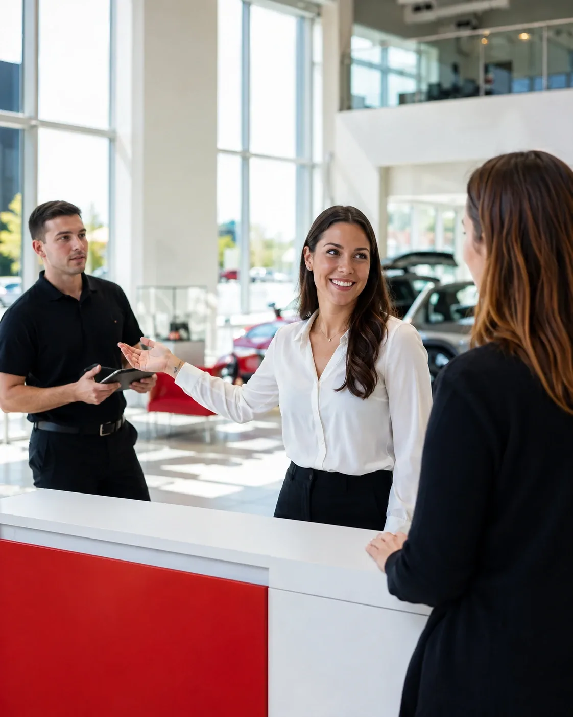 À la réception, une conseillère accueille une cliente