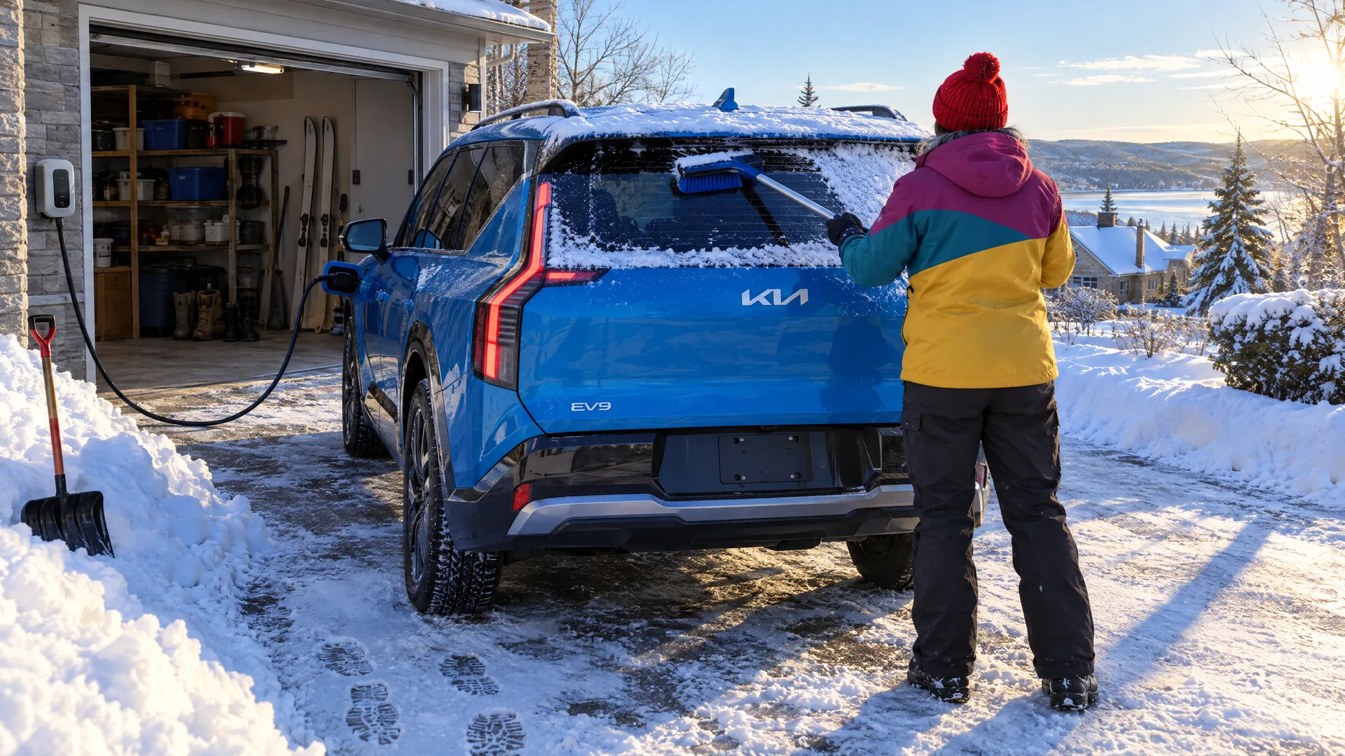 Personne de dos qui balaie la neige fraîche du hayon d'un Kia EV9 2026 bleu dans une entrée résidentielle québécoise, câble de recharge déjà branché au mur du garage