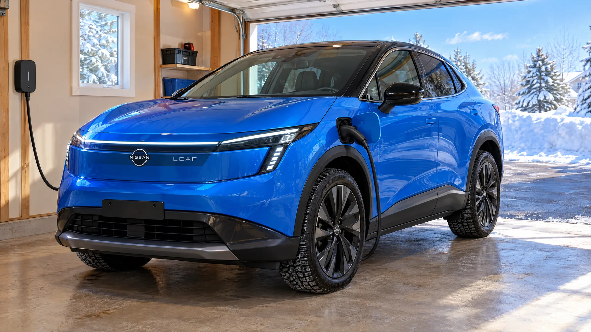 Nissan LEAF 2026 bleu branché à une borne murale dans un garage résidentiel ouvert, entrée déneigée et bancs de neige ensoleillés à l'arrière-plan