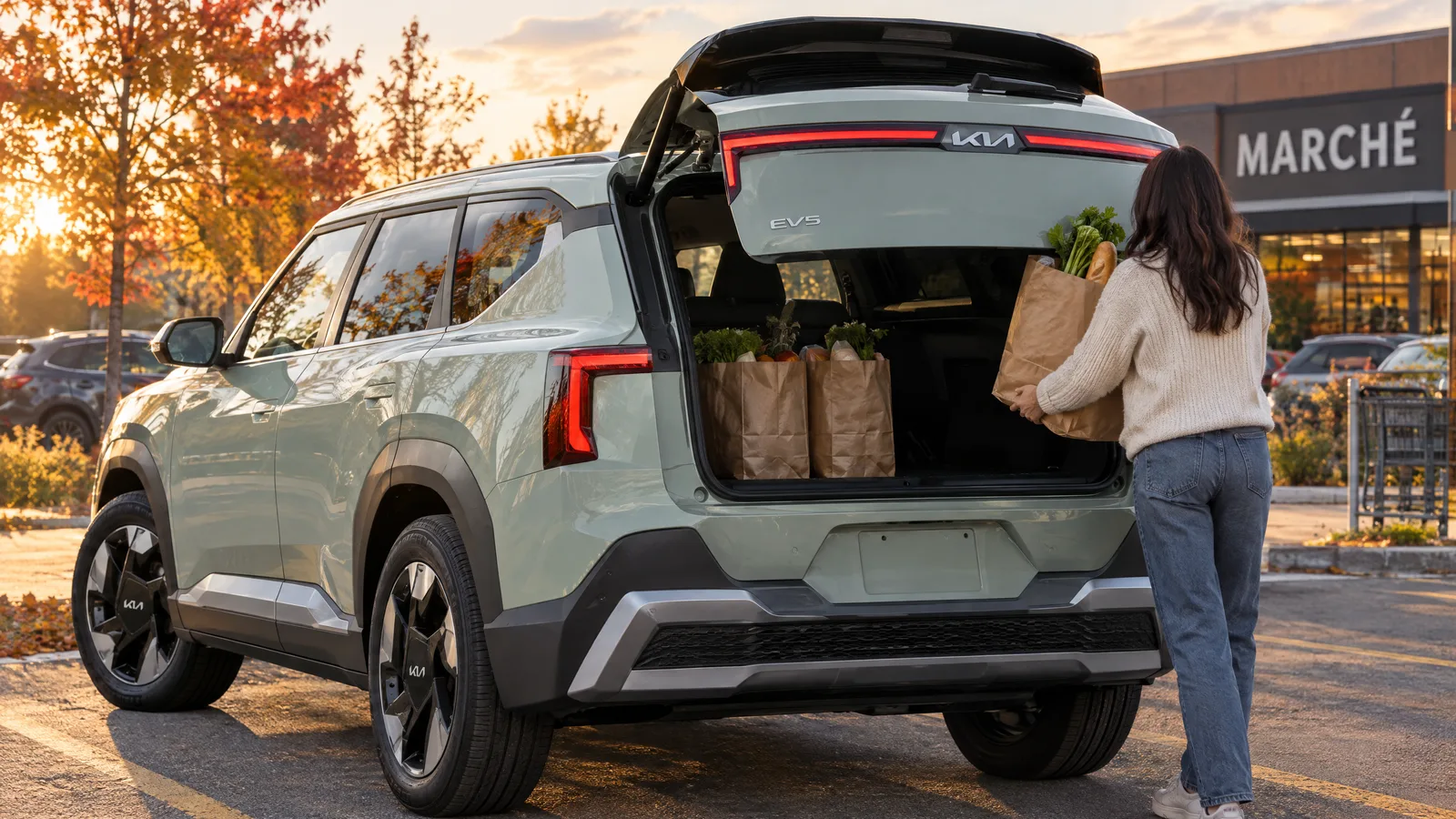 Personne qui charge des sacs d'épicerie dans le coffre ouvert d'un Kia EV5 2027 vert iceberg, stationnement d'épicerie en fin de journée