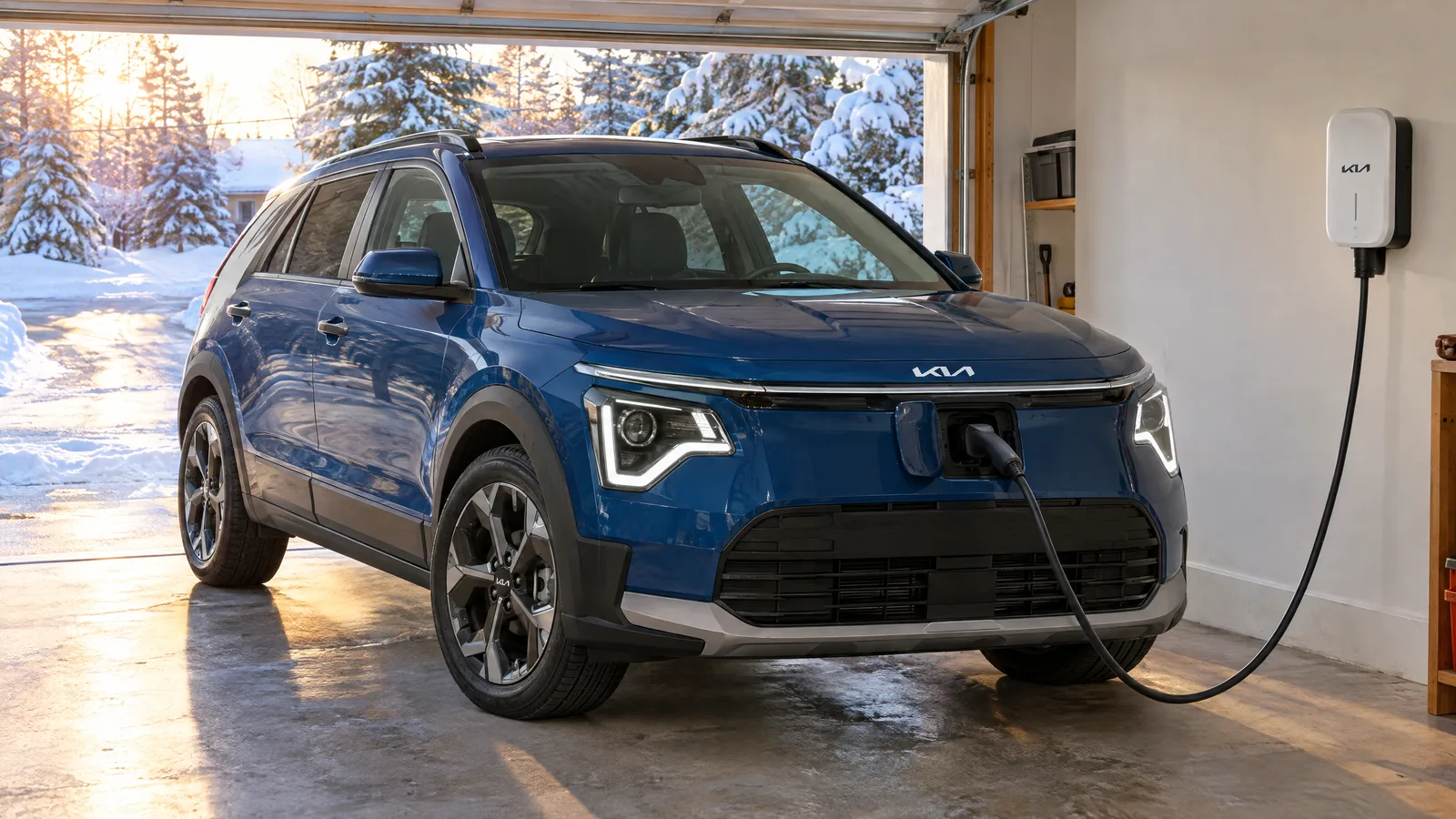 Kia Niro EV 2026 branché à une borne murale dans un garage résidentiel, entrée déneigée et neige ensoleillée à l'extérieur