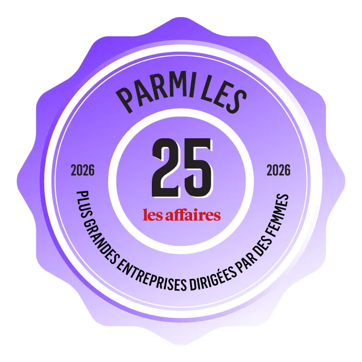 Sceau officiel du magazine Les Affaires, mention « Parmi les 25 plus grandes entreprises dirigées par des femmes », millésime 2026