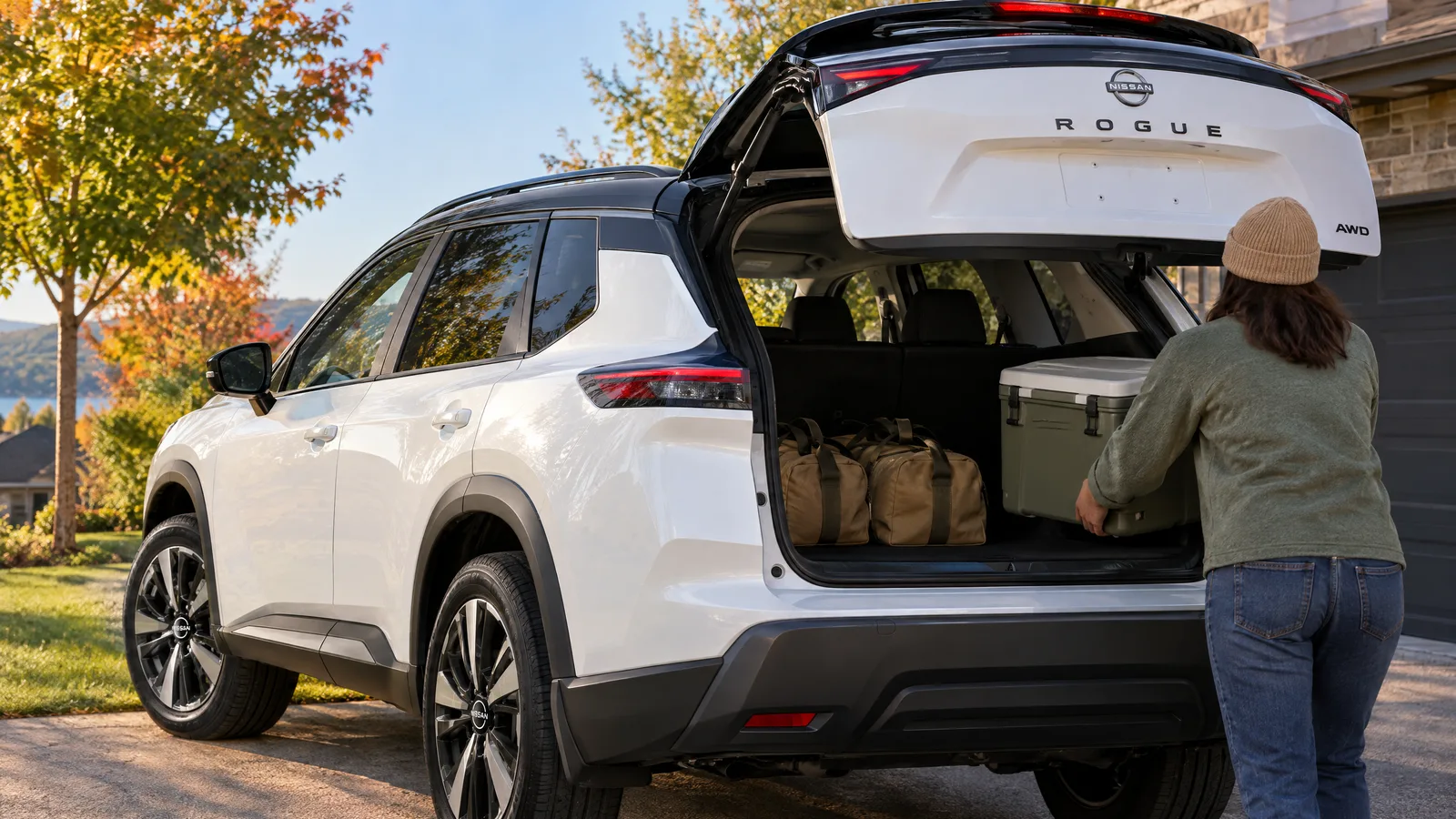 Personne de dos qui charge une glacière et des sacs de voyage dans le coffre ouvert d'un Nissan Rogue 2026 blanc, entrée de cour québécoise en septembre