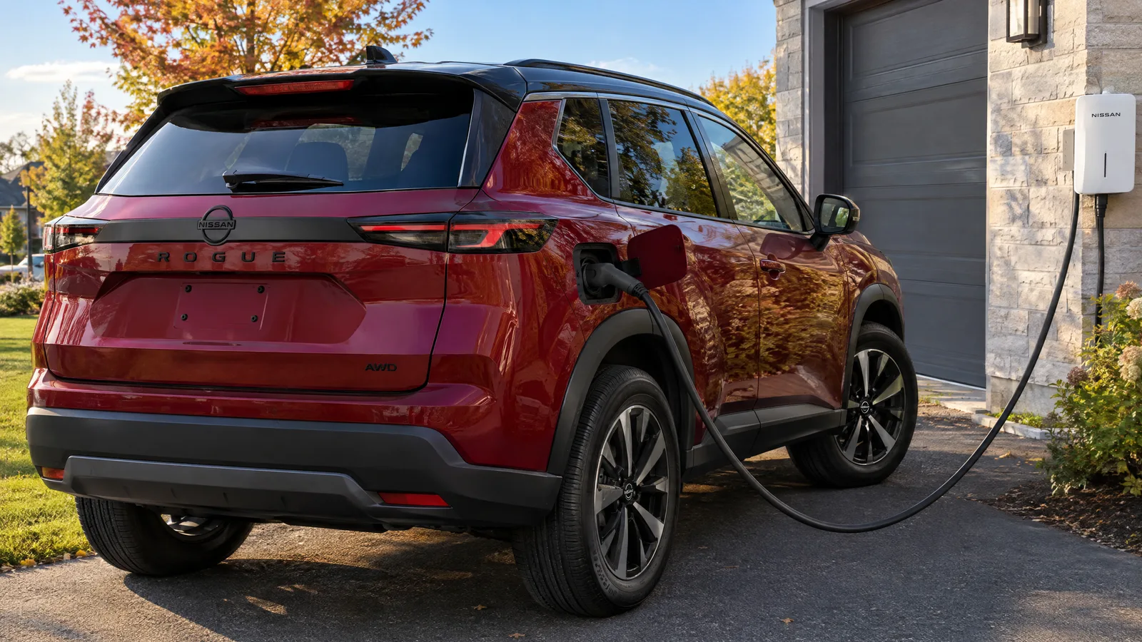 Nissan Rogue hybride rechargeable 2026 rouge branché à une borne murale dans une entrée de cour québécoise, câble tendu sous son propre poids