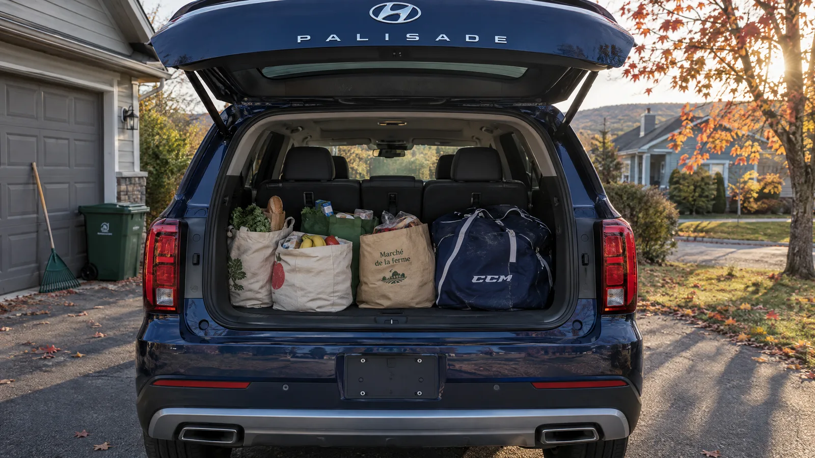 Coffre ouvert d'un Hyundai Palisade 2026 bleu chargé de sacs d'épicerie et d'un sac de hockey, troisième rangée relevée, entrée résidentielle québécoise